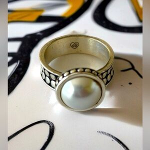 Brighton Silver Plated Glass Pearl Cabochon Pebble Dot Wide Band Ring size 6